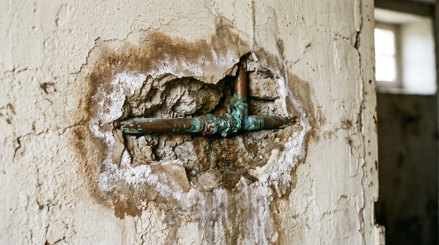 Cuivre encastré sous un enduit ancien, la fuite qui se cache dans le mur
