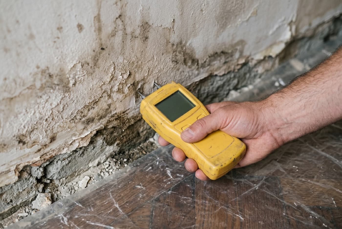 Humidimètre à pointes appliqué contre un bas de mur en plâtre taché d’humidité, plinthe retirée