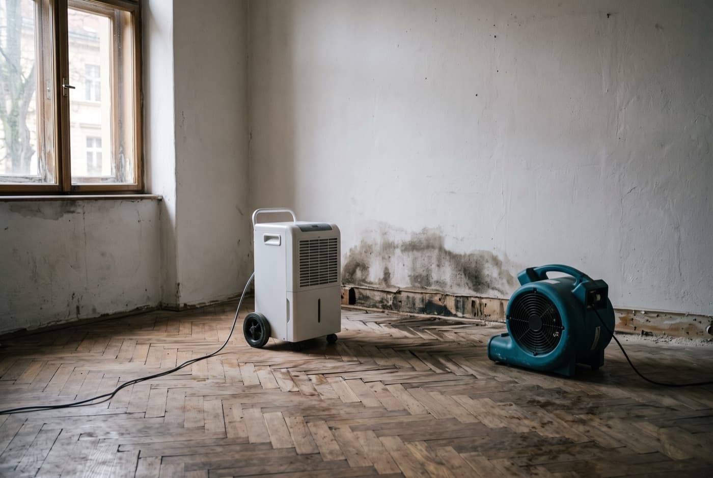 Déshumidificateur professionnel et ventilateur de séchage dans une pièce au parquet gondolé, plinthe déposée