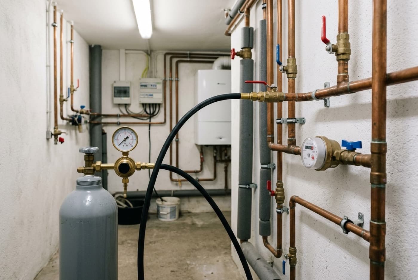 Bouteille de gaz traceur avec manomètre raccordée à un circuit d’eau en cuivre dans un local technique