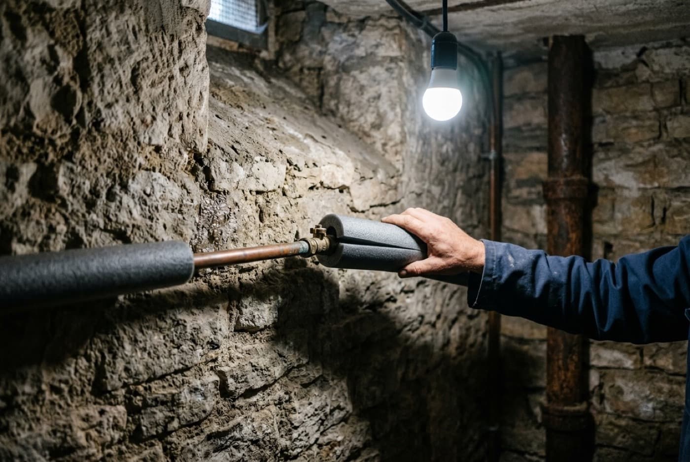 Manchon isolant en mousse posé sur une canalisation d’eau en cave non chauffée, mur de pierre brute