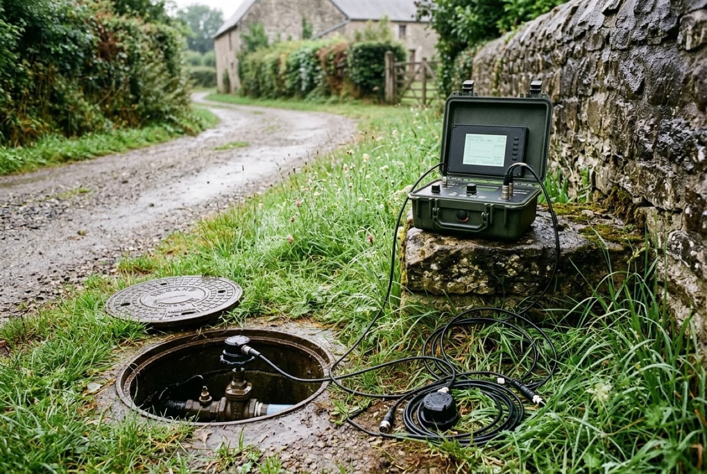 Corrélateur acoustique portable posé sur un muret près d’un regard de compteur, capteurs et câbles dans l’herbe