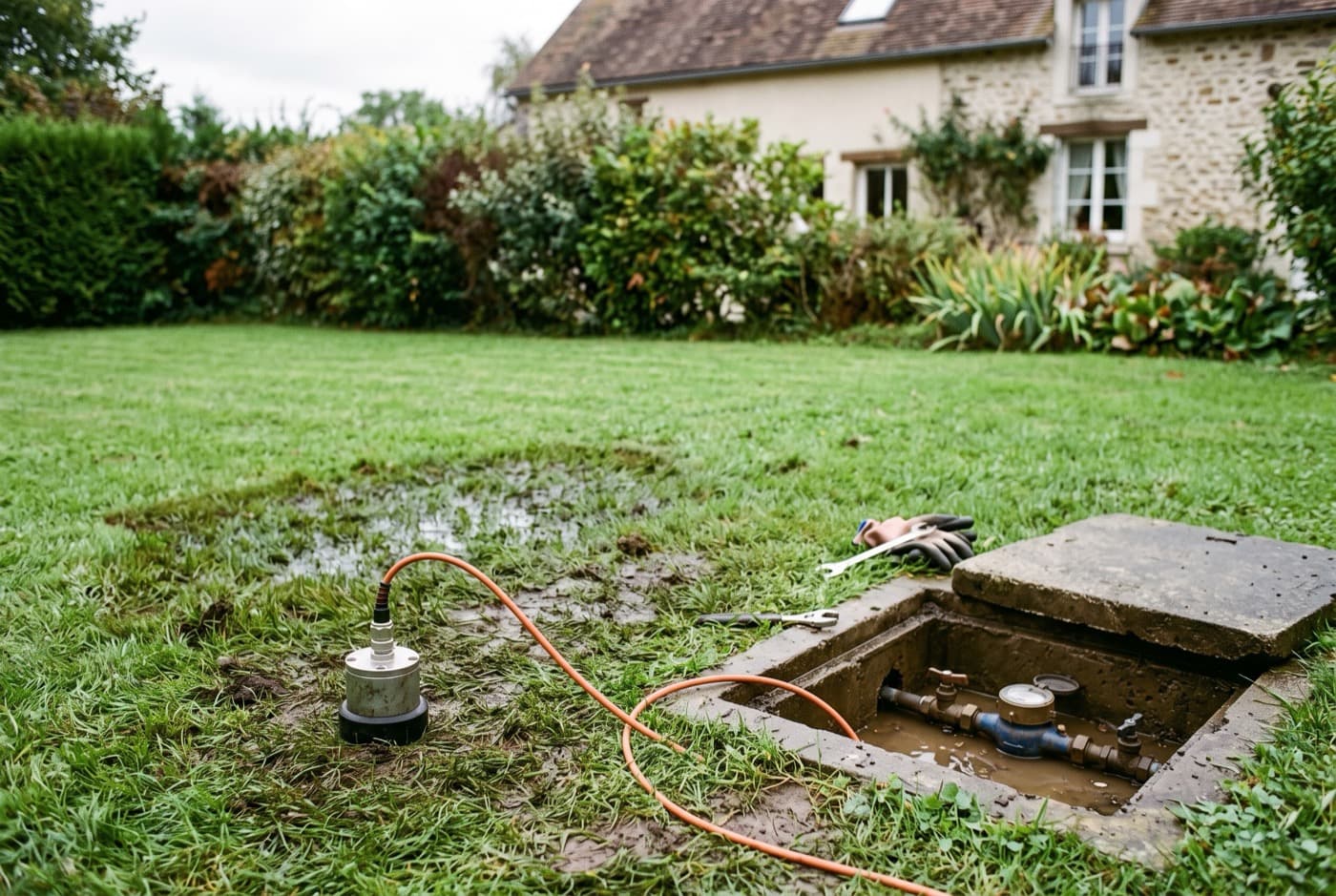 Pelouse avec une zone détrempée plus sombre, géophone posé au sol et regard de compteur ouvert à côté