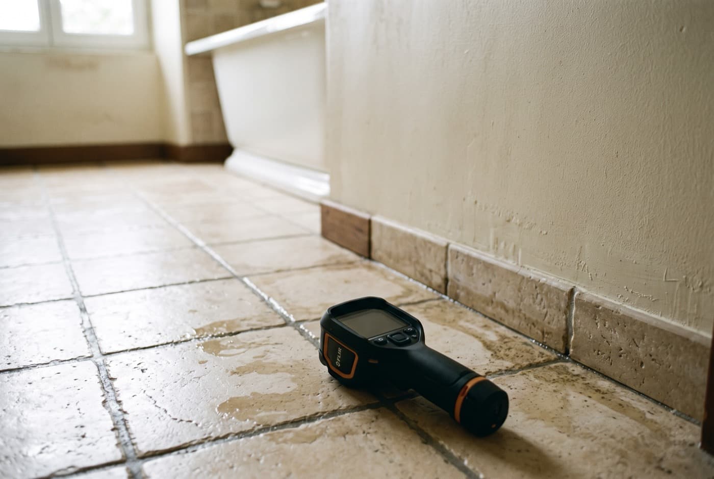 Sol carrelé clair de salle de bain avec caméra thermique posée et trace d’humidité entre les carreaux