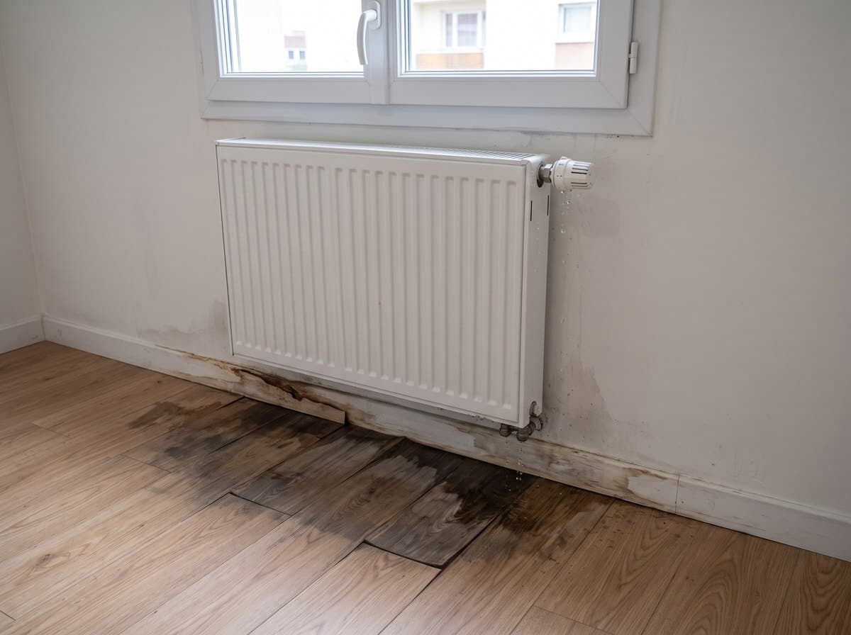 Radiateur blanc contemporain sous une fenêtre, parquet gonflé et taché d’humidité à son pied
