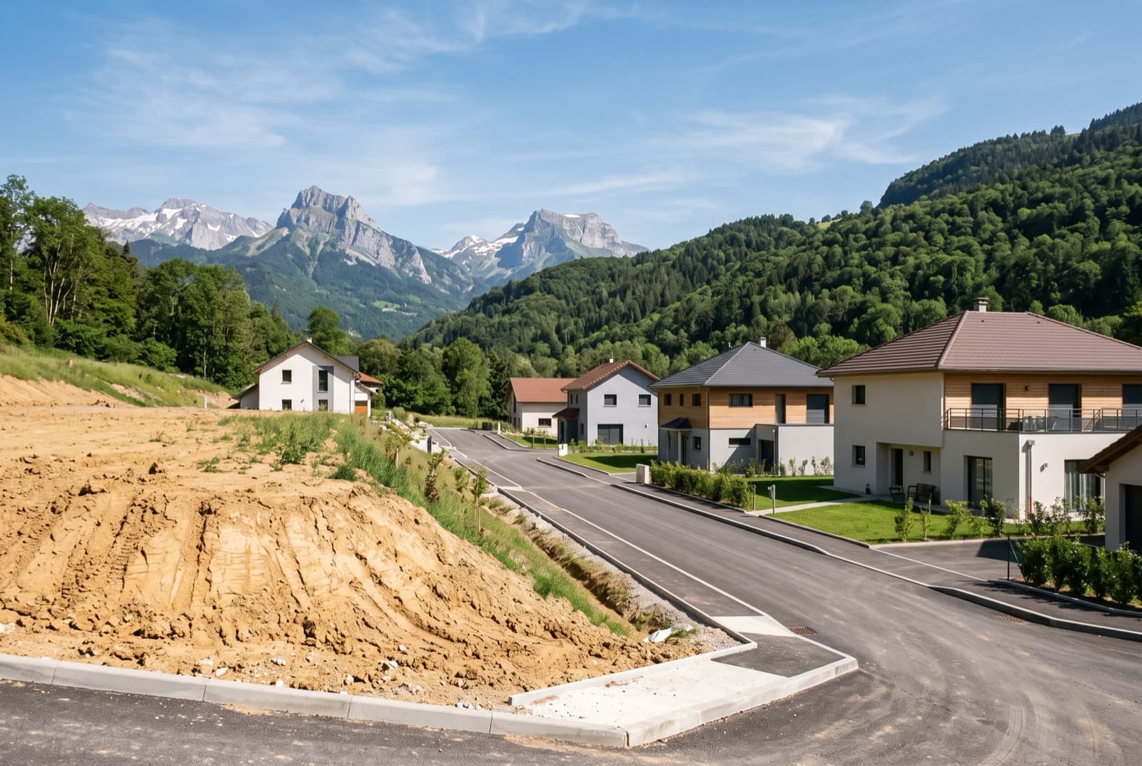Lotissement récent de maisons individuelles avec pelouses jeunes et talus de terre argileuse le long d’une rue neuve
