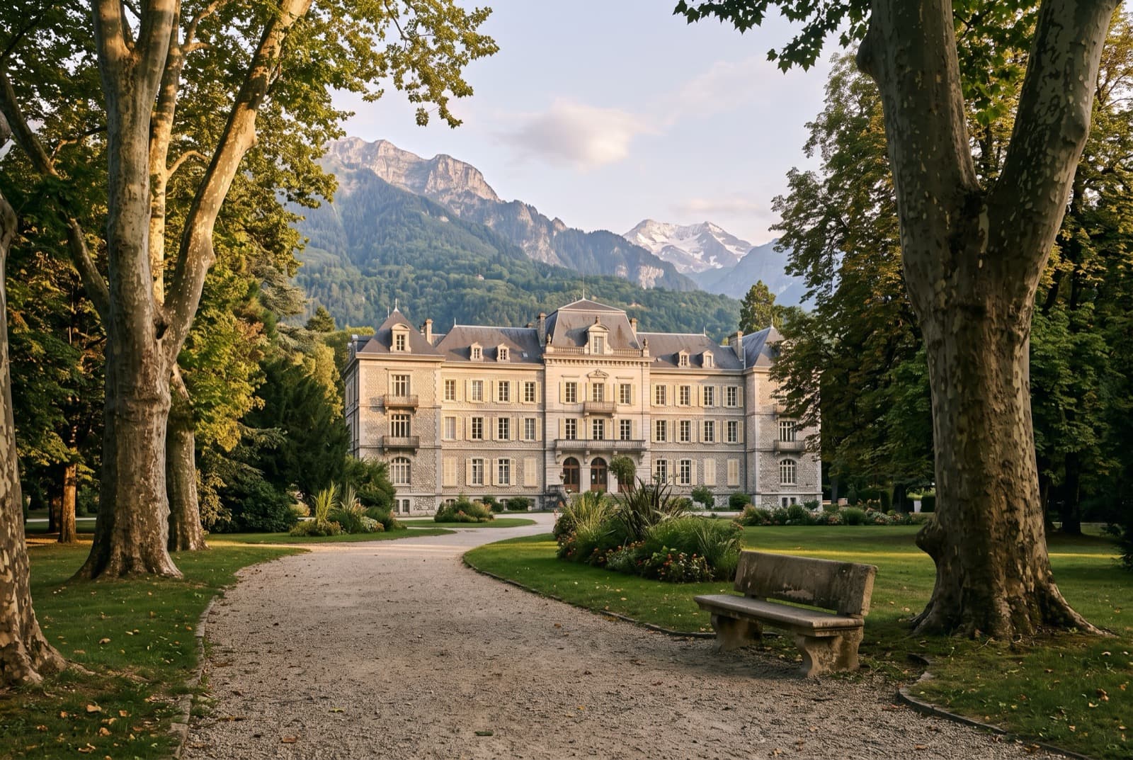 Parc thermal arboré avec bâtisse ancienne à volets clairs, allée de gravier et platanes