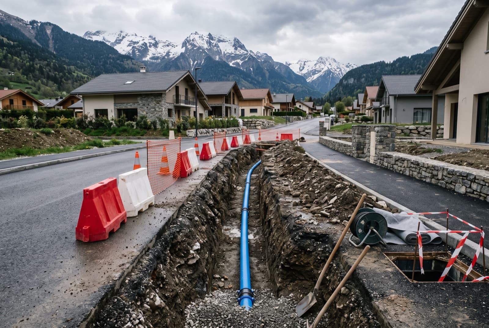 Tranchée de raccordement d’eau ouverte en bord de rue résidentielle avec tuyau de branchement bleu visible dans la terre