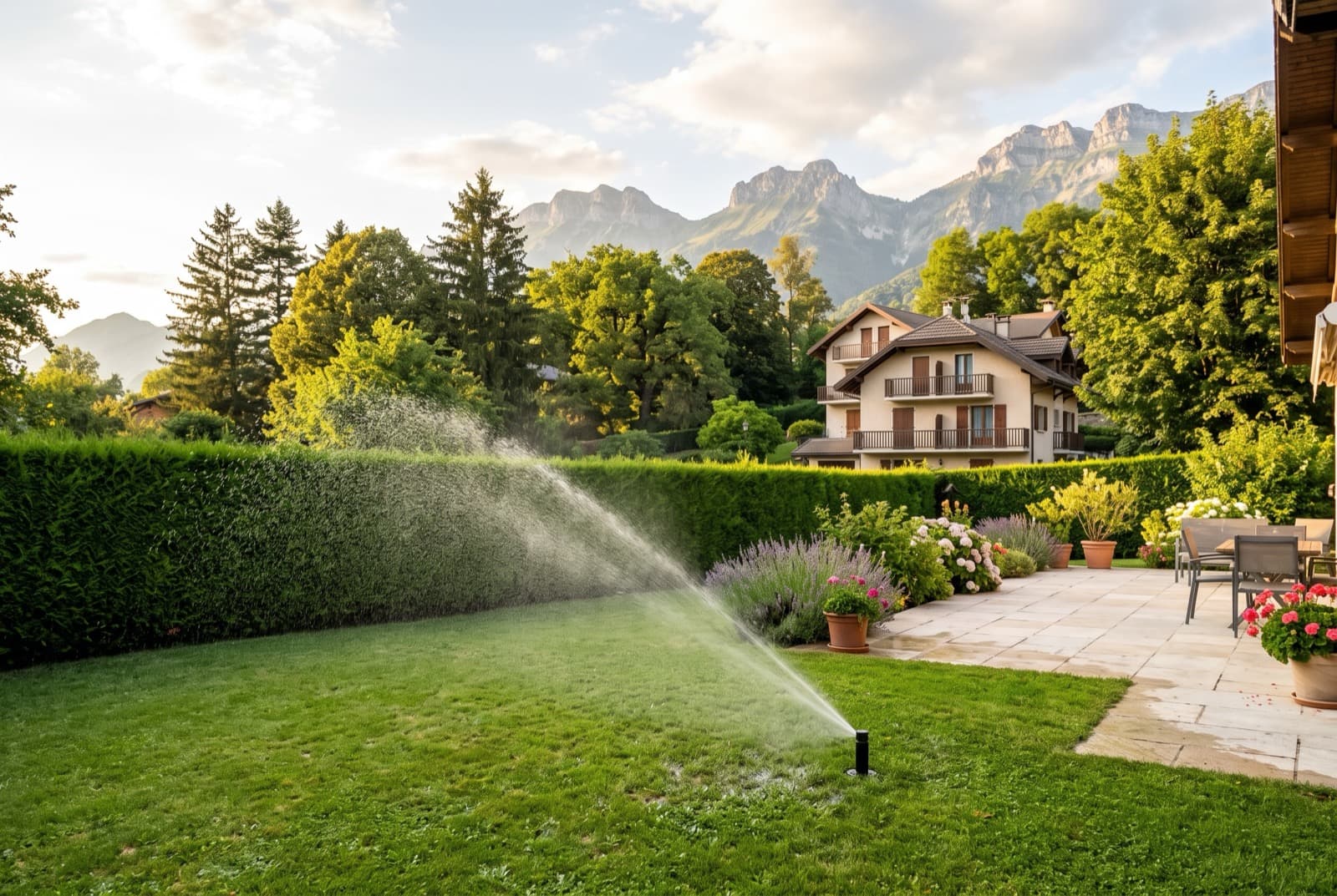 Jardin de villa avec pelouse tondue, tête d’arrosage automatique escamotable en fonctionnement et haie taillée