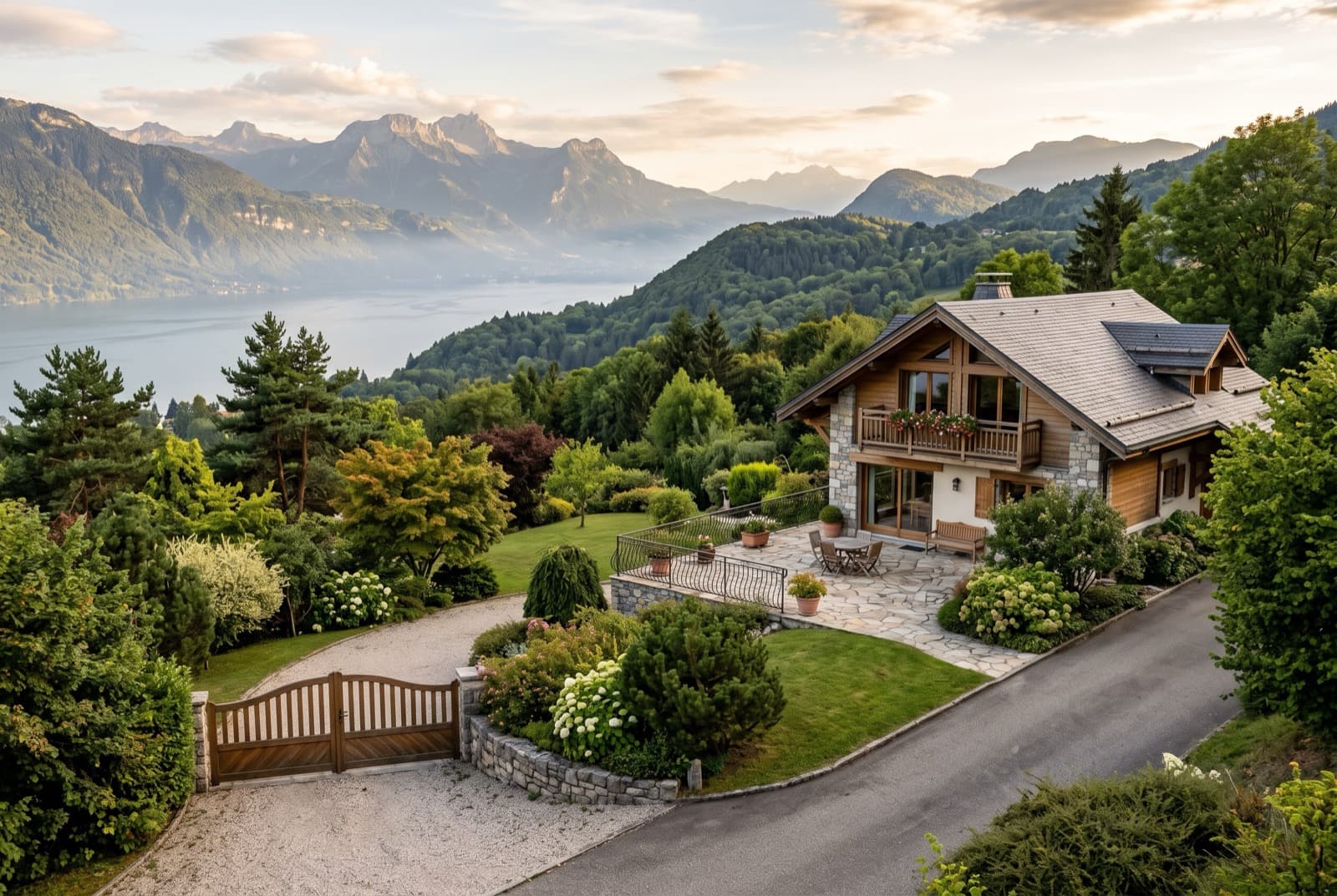 Villa résidentielle avec grand jardin arboré, terrasse en pierre et collines boisées descendant vers un lac au loin