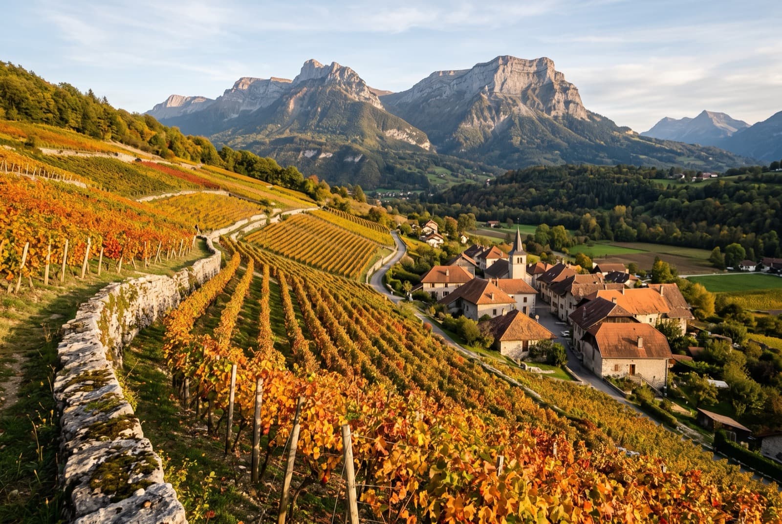Rangs de vigne en coteau descendant vers un village aux toits de tuiles, murets de pierre et montagne calcaire en fond