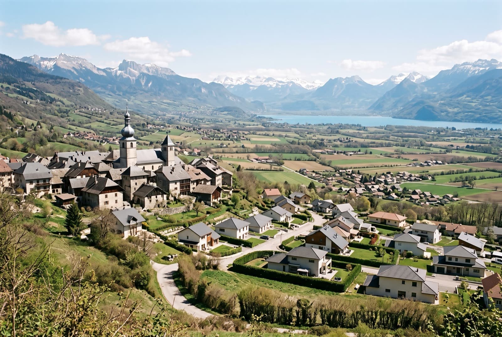 Petit village savoyard avec clocher et maisons anciennes, lotissement récent en contrebas et plaine descendant vers un lac