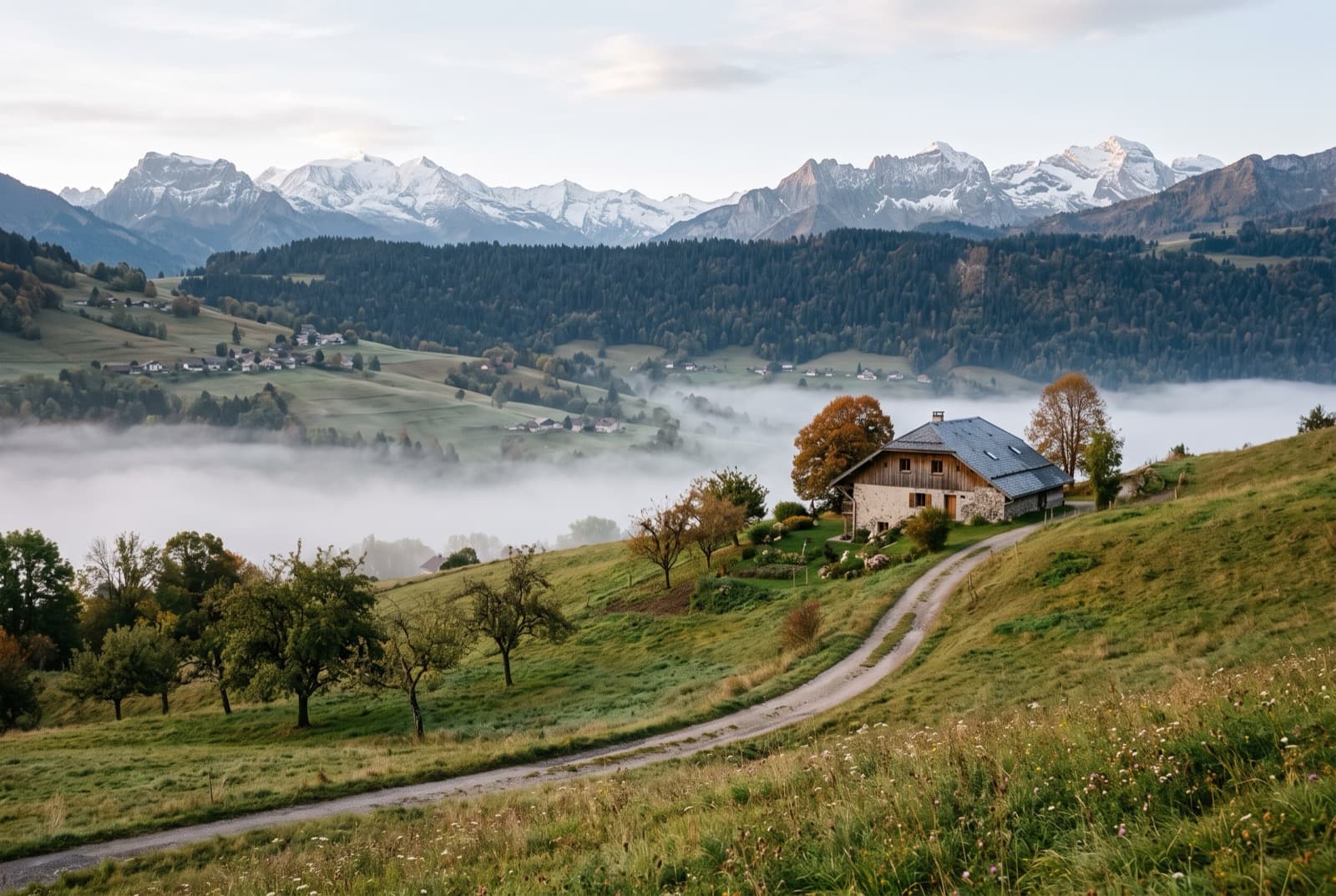 Maison isolée sur un coteau herbeux avec longue allée privée bordée de prairie, brume matinale dans le vallon