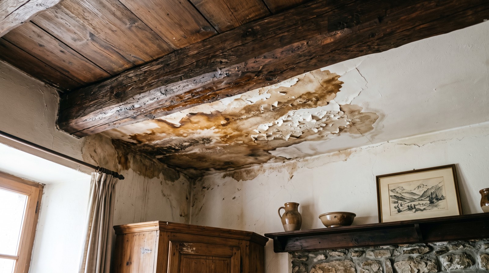 Auréole d'humidité et peinture cloquée sur un plafond en bois, exemple de dégât des eaux accidentel