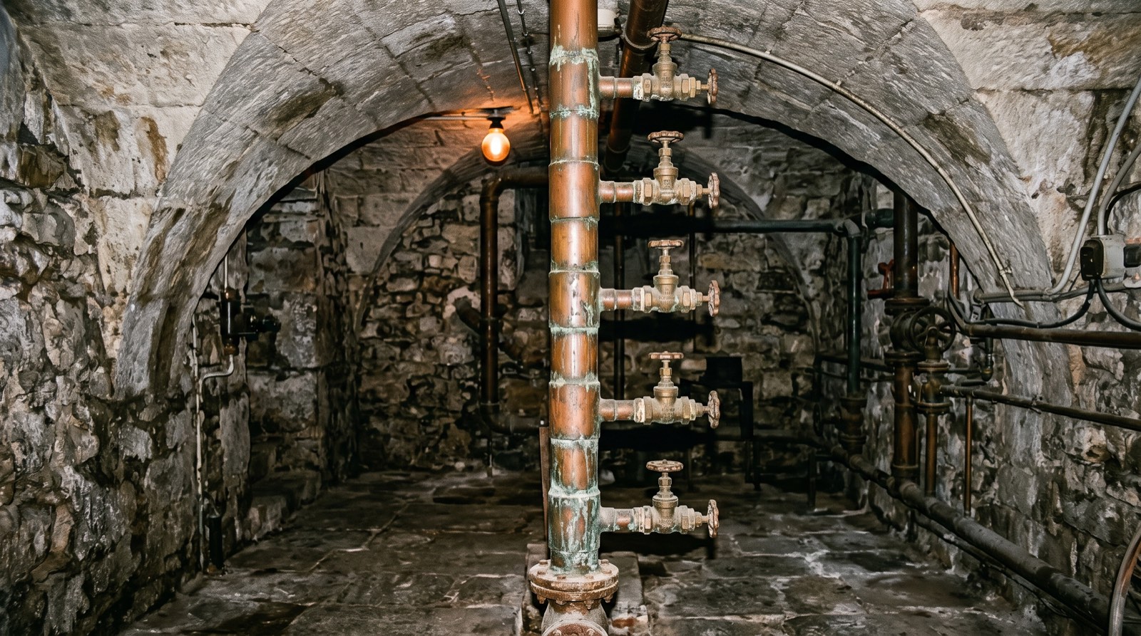 Colonne montante en cuivre avec ses robinets d'arrêt, en local technique d'un immeuble ancien du centre de Chambéry