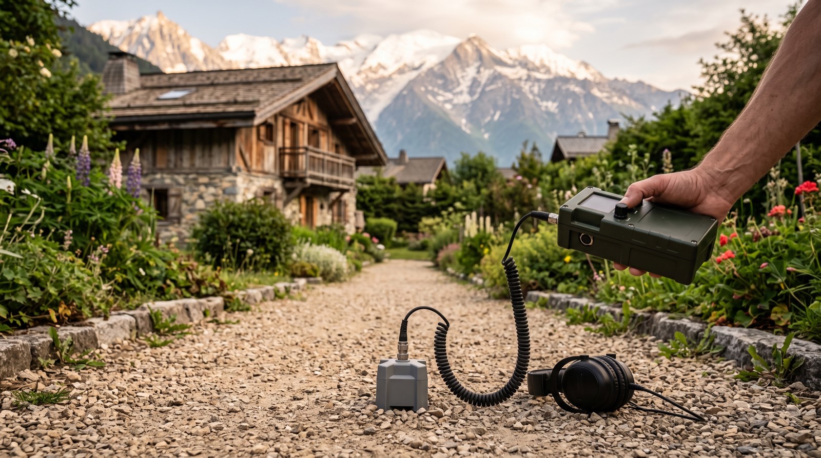 Géophone et corrélateur acoustique posés sur une allée pour localiser une fuite de canalisation enterrée